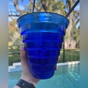 Cobalt Deep Blue Art Glass Ringed Vase 6.75” H Beach